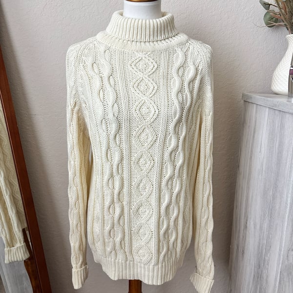 Kings Road Cable Knit Turtleneck Fisherman Sweater Beige Vintage Grandmacore M