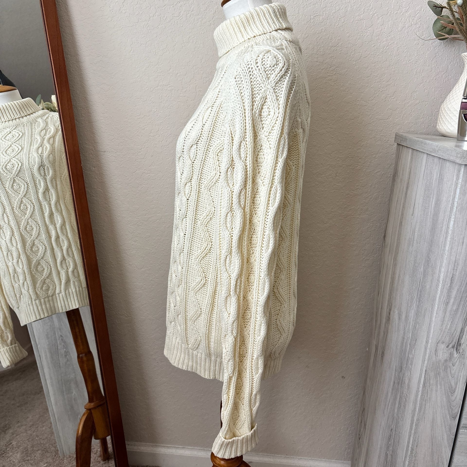 Kings Road Cable Knit Turtleneck Fisherman Sweater Beige Vintage Grandmacore M 4