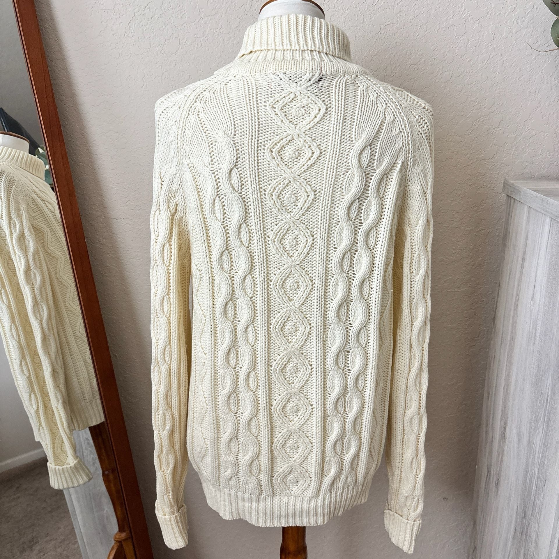 Kings Road Cable Knit Turtleneck Fisherman Sweater Beige Vintage Grandmacore M 5