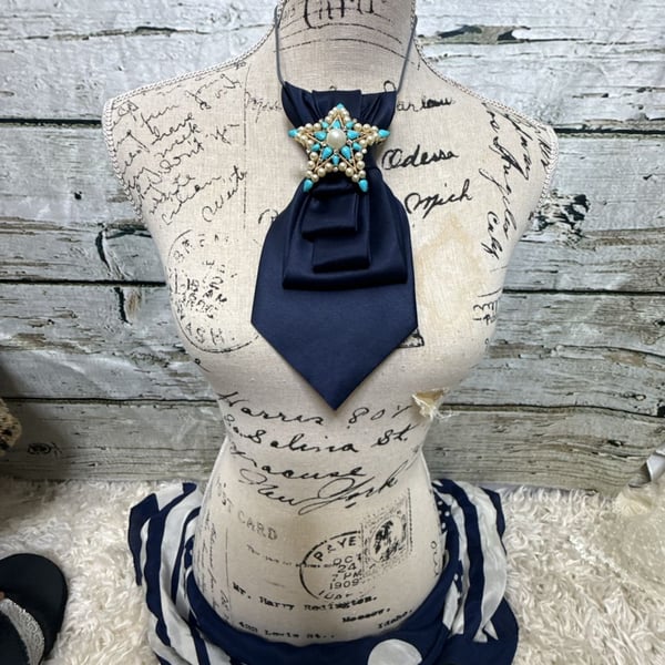 Upcycled Silk Necktie Bolo Necklace With Star Pearl Brooch