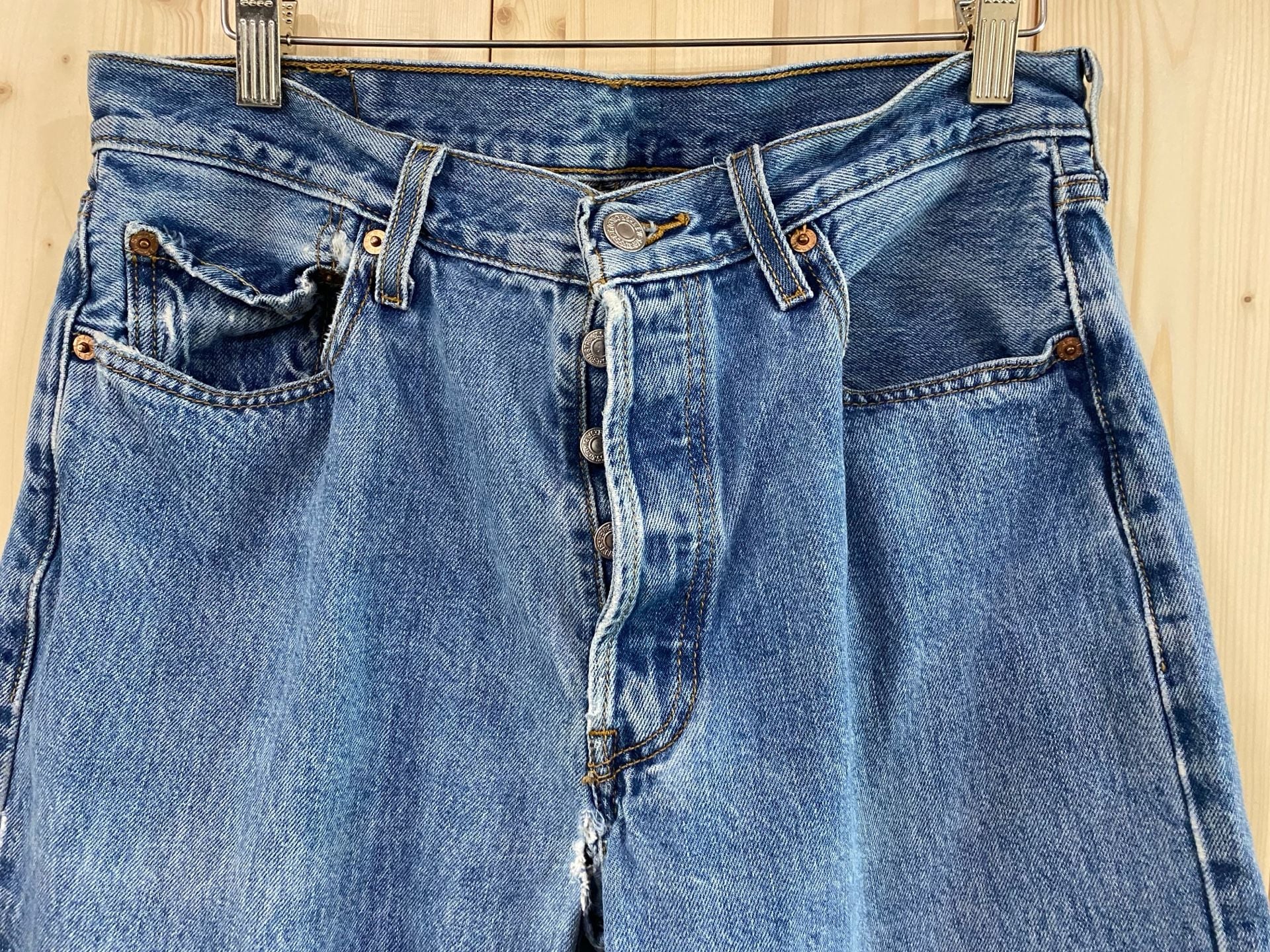 Levi's 501 Size 34x34 Blue Denim Button Fly Distressed Jeans 6