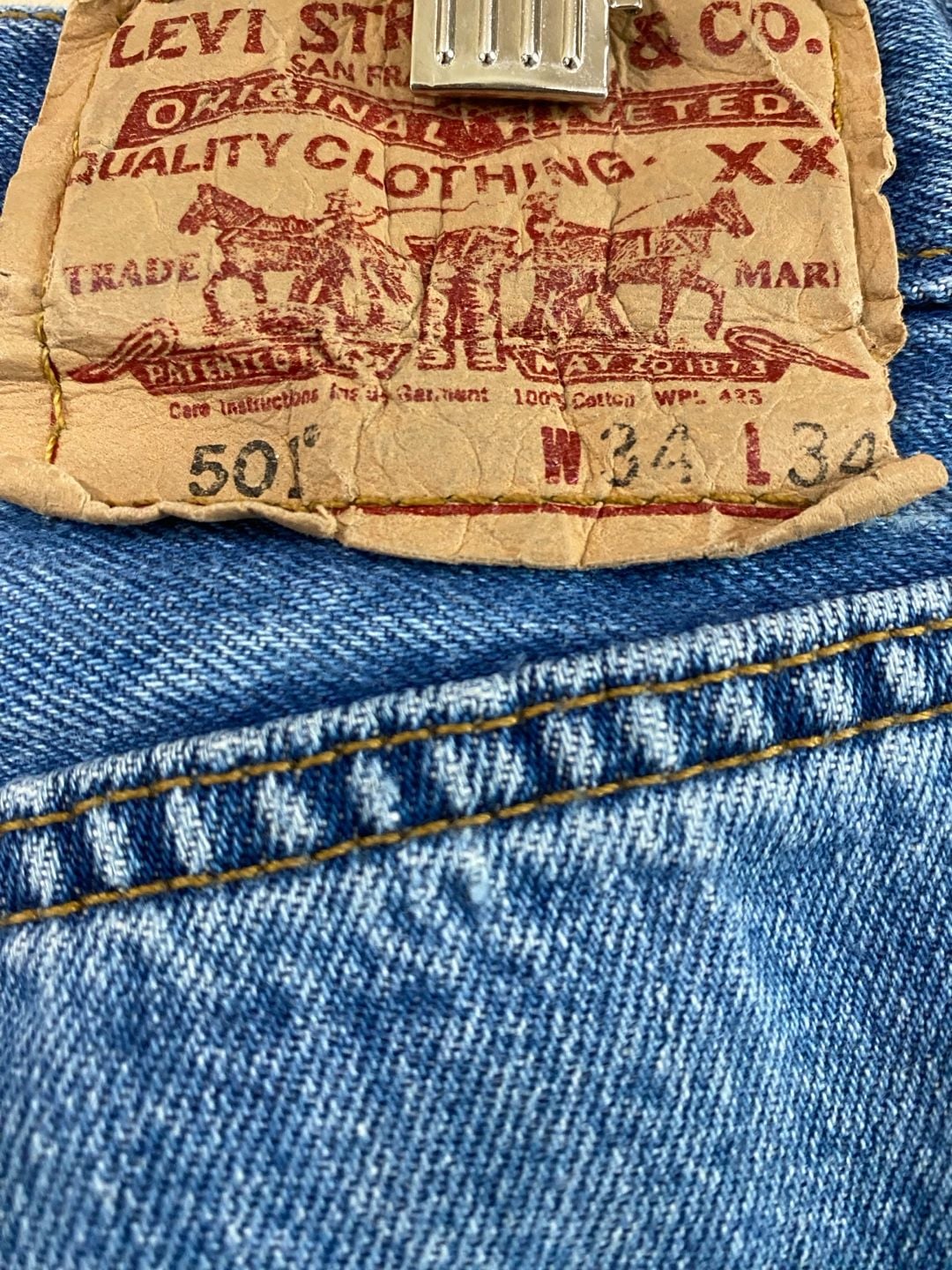 Levi's 501 Size 34x34 Blue Denim Button Fly Distressed Jeans 12