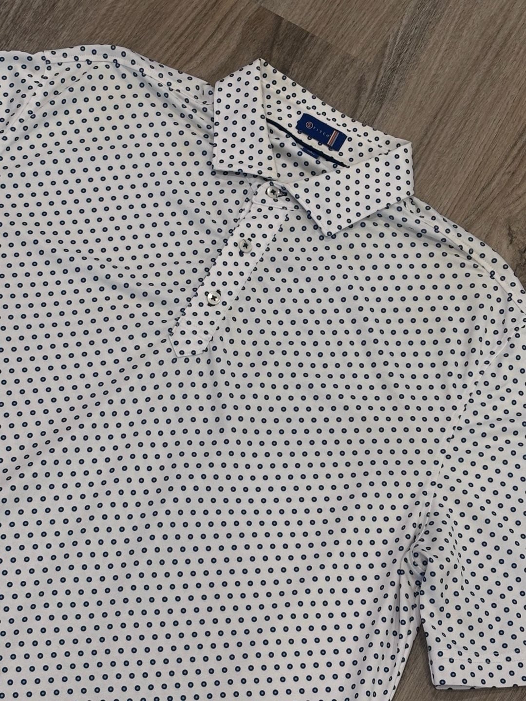 Stitch Golf Polo Shirt Size L White Blue Dot Print Short Sleeve 2