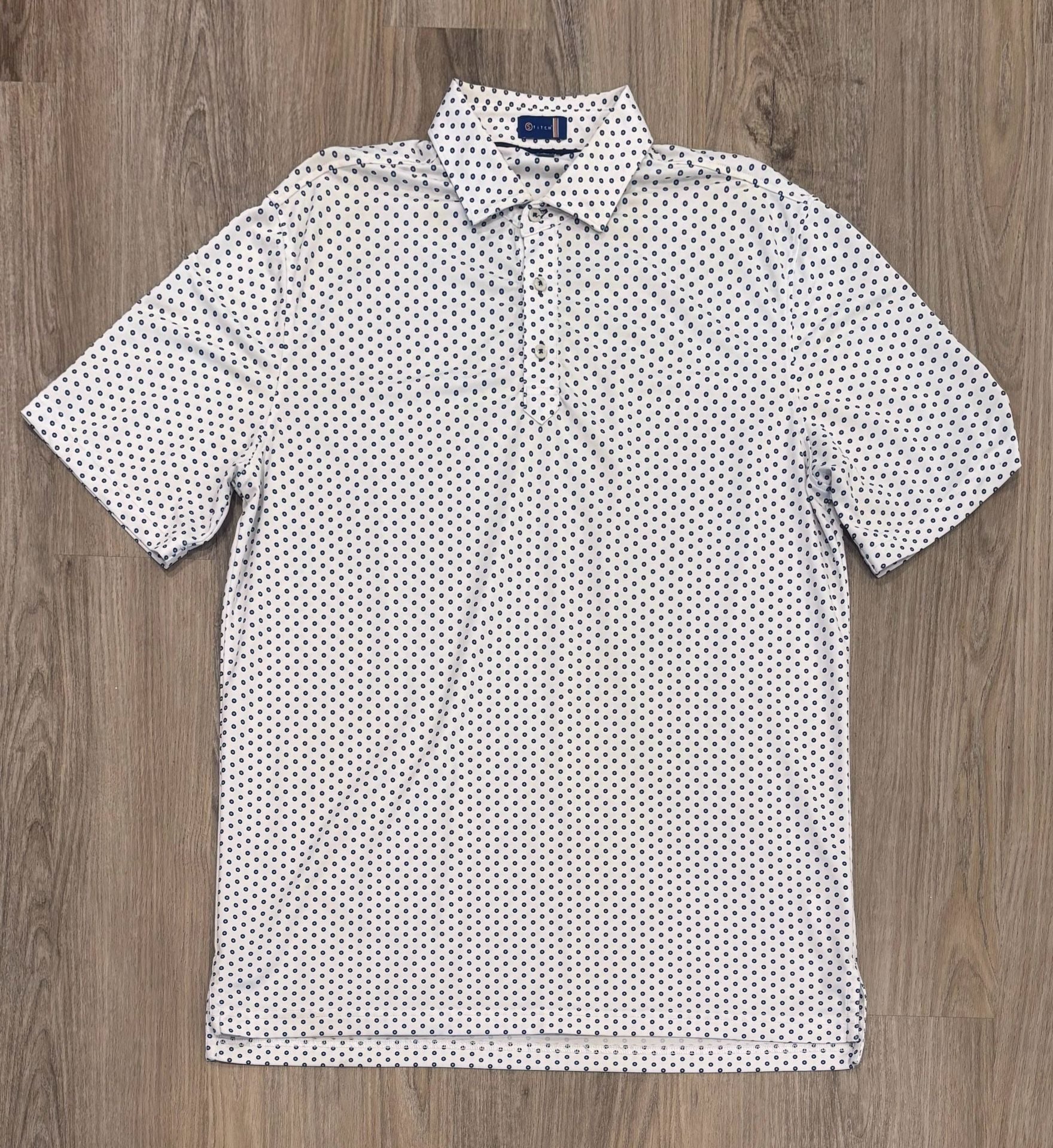 Stitch Golf Polo Shirt Size L White Blue Dot Print Short Sleeve 3
