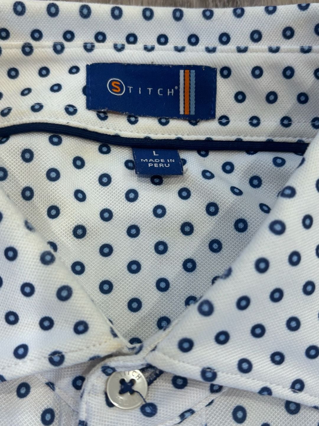 Stitch Golf Polo Shirt Size L White Blue Dot Print Short Sleeve 5