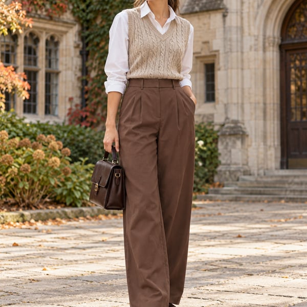 OGL Move Hickory Brown Pleated Wide Leg Stretch Trousers Medium NWT Old Money