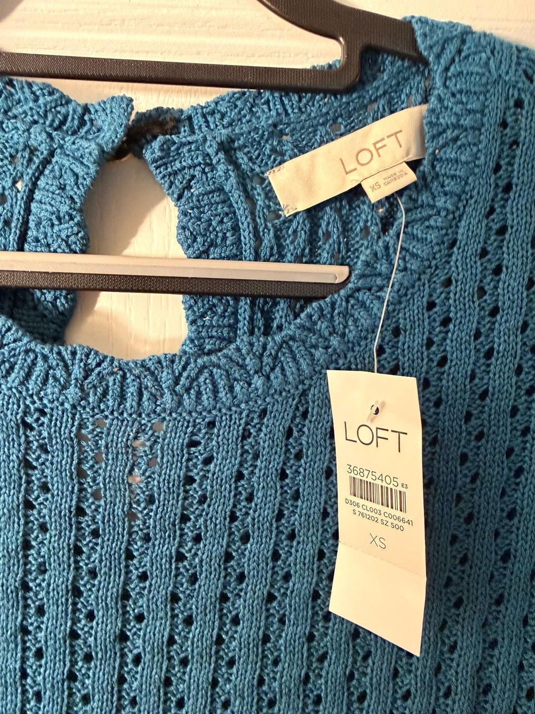 LOFT Pointelle Short Sleeve Sweater Size XS Blue Keyhole Back 2