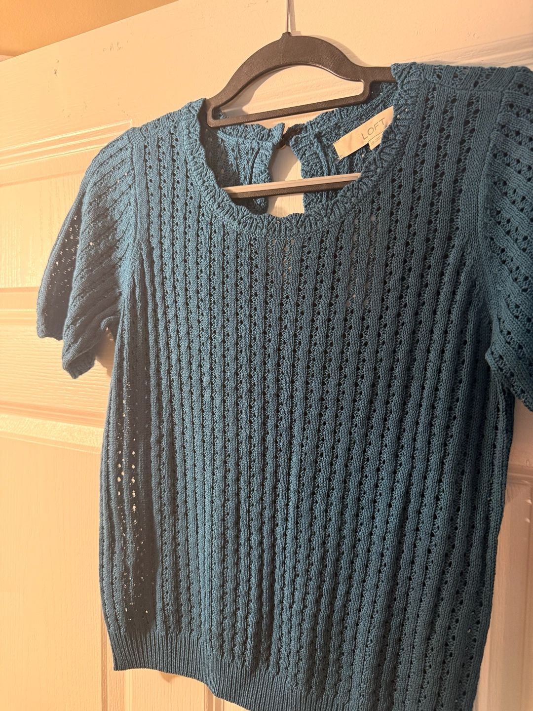 LOFT Pointelle Short Sleeve Sweater Size XS Blue Keyhole Back 3