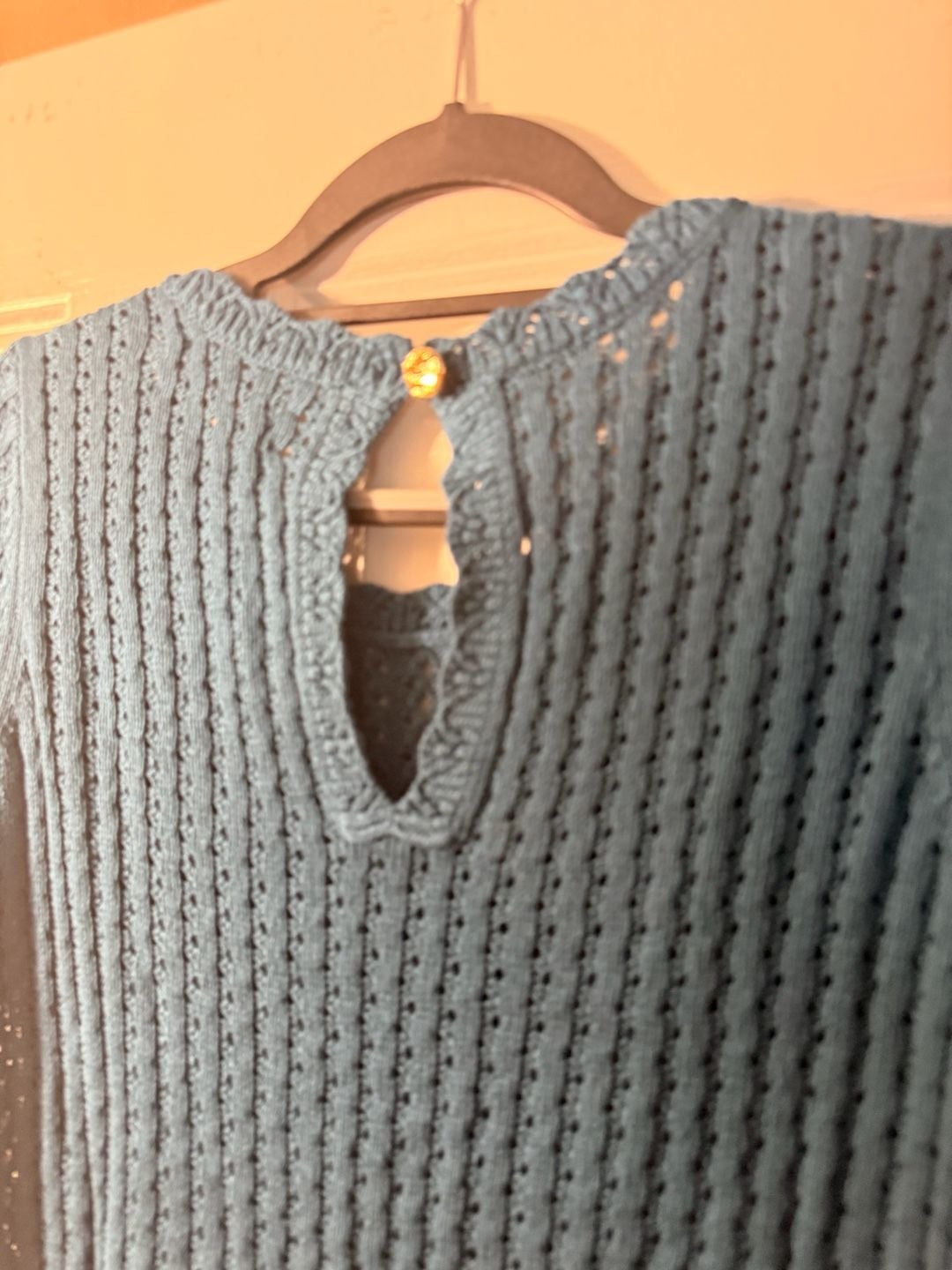 LOFT Pointelle Short Sleeve Sweater Size XS Blue Keyhole Back 4