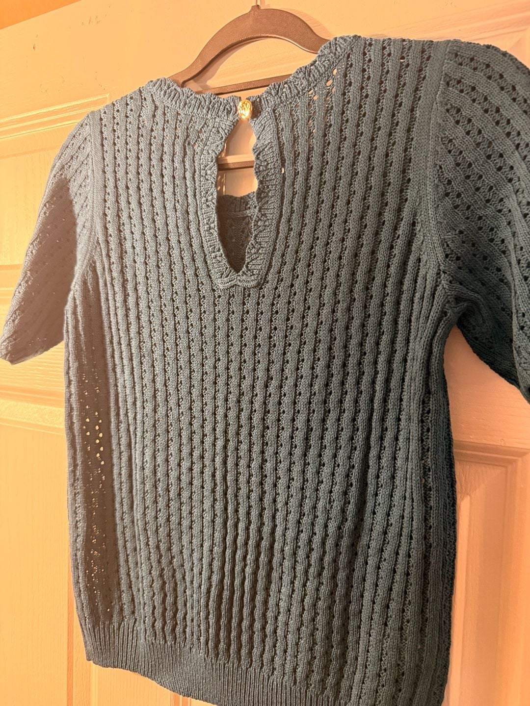 LOFT Pointelle Short Sleeve Sweater Size XS Blue Keyhole Back 5