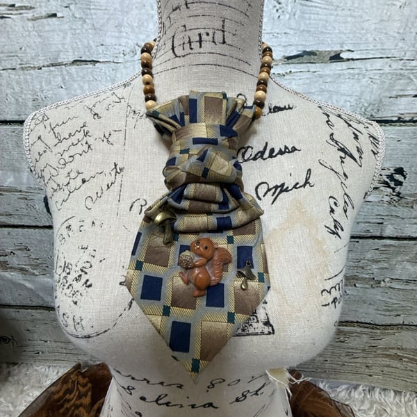 Upcycled Necktie Bolo Necklace with Brooch