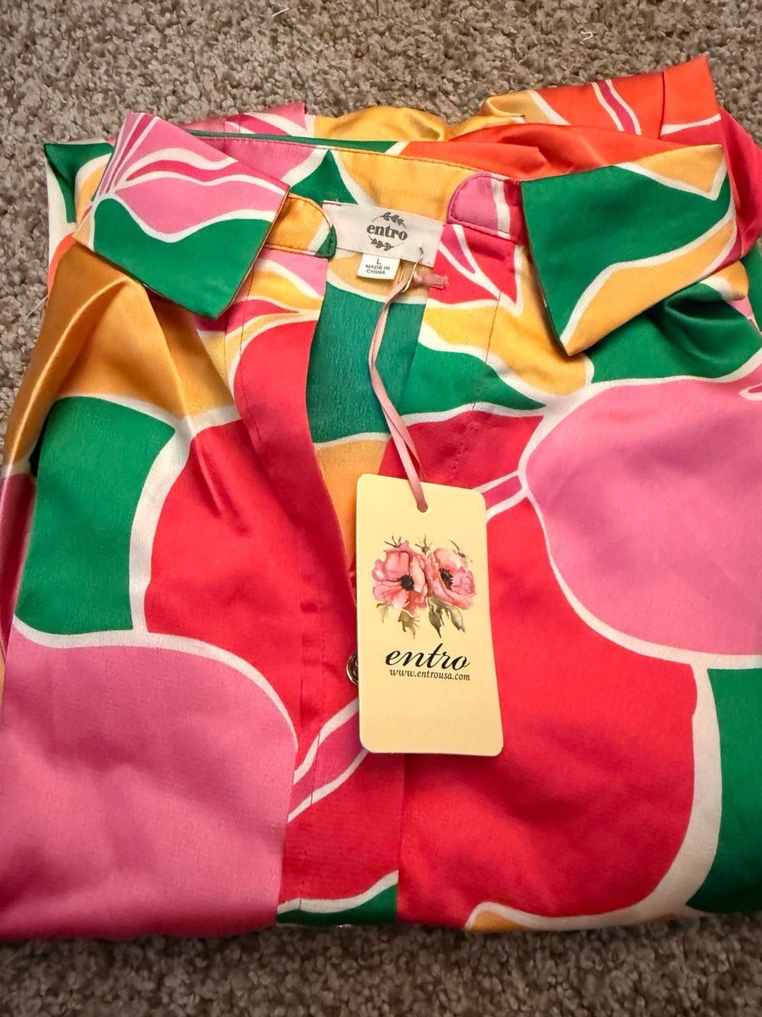 Entro Button Up Blouse Size L Multicolor Abstract Floral Satin Shirt 2