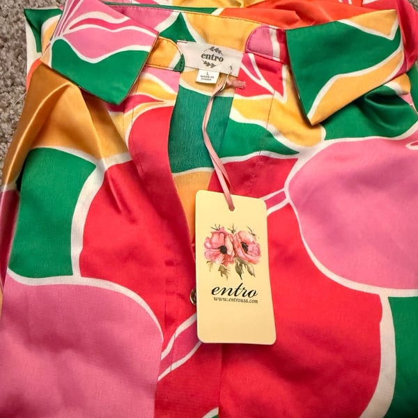 Entro Button Up Blouse Size L Multicolor Abstract Floral Satin Shirt