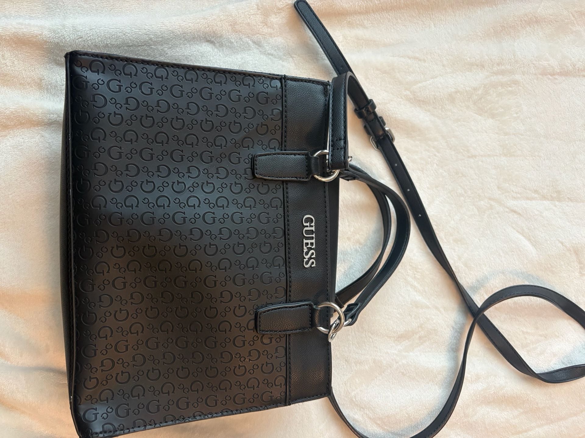 Guess Monogram Black Faux Leather Satchel Tote Bag 2