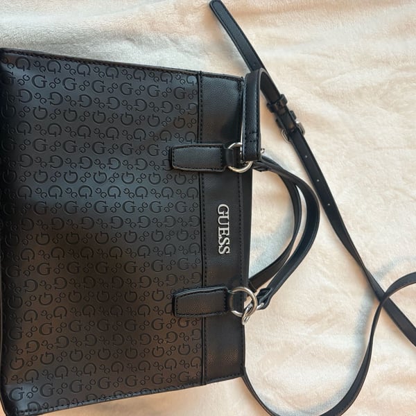 Guess Monogram Black Faux Leather Satchel Tote Bag