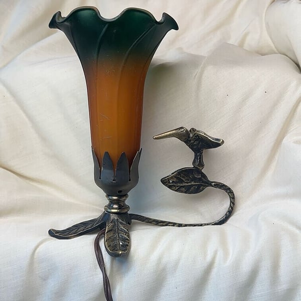 Beacon Hill Art Nouveau Hummingbird Accent Lamp Amber Green Shade