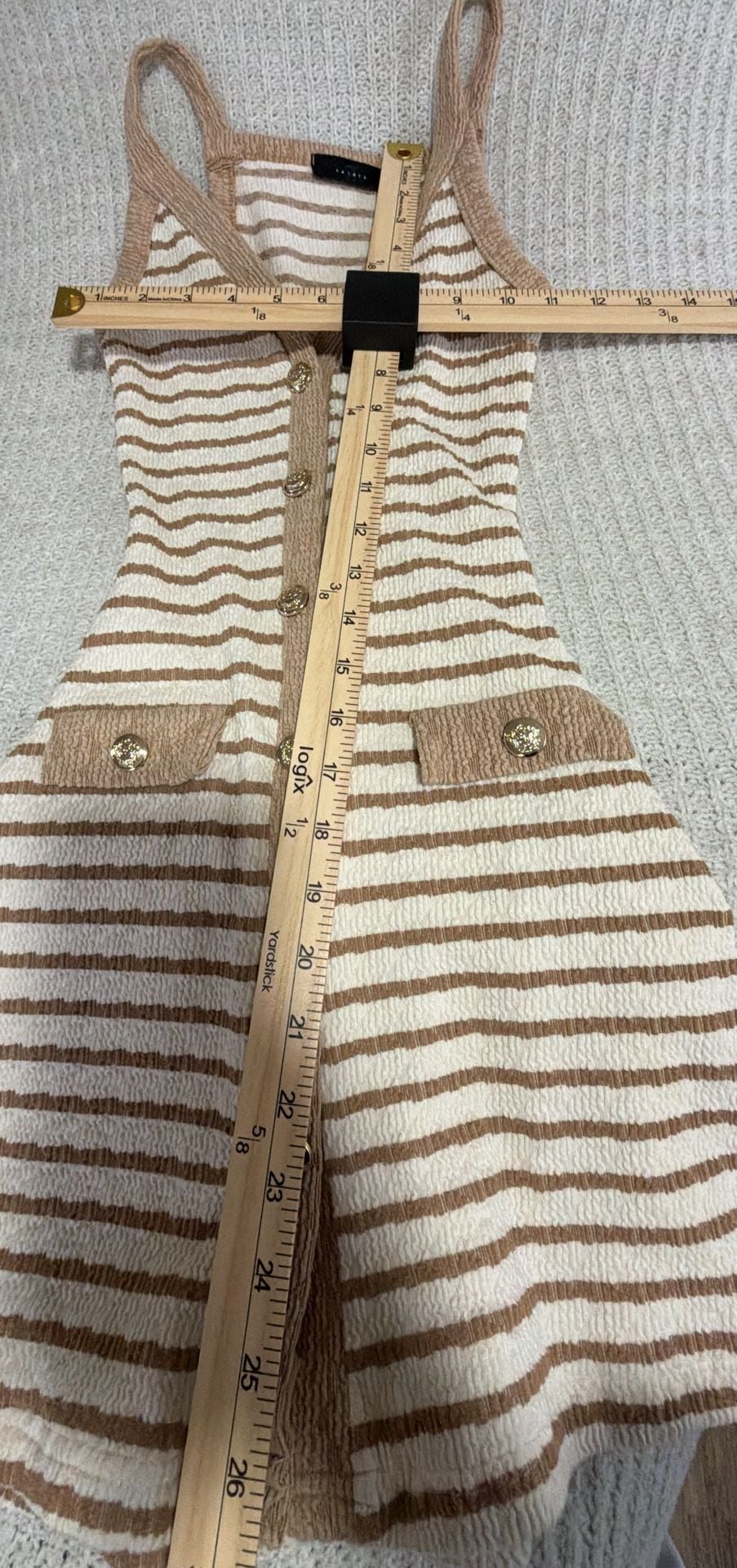 21 Saints Striped Knit Dress Size XS Brown Beige V-Neck Gold Buttons 5