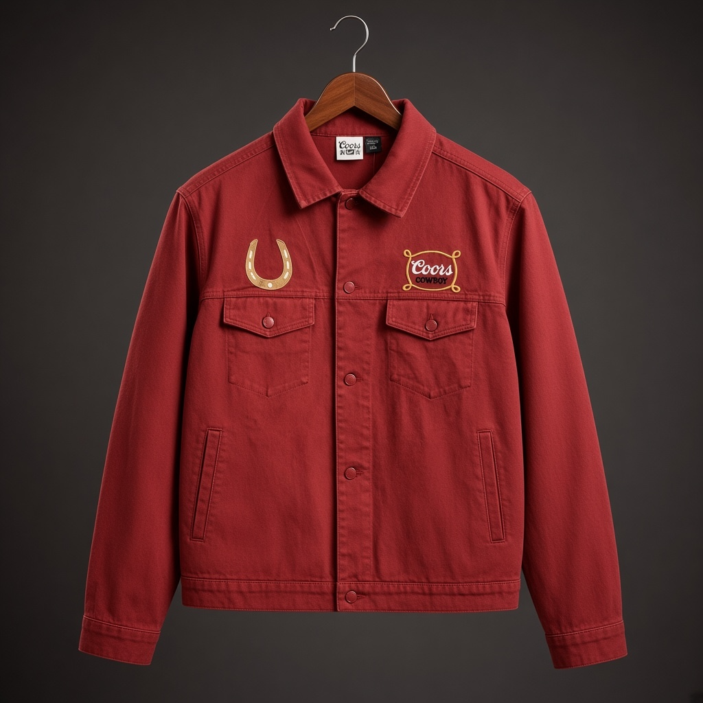 Coors Cowboy Denim Jacket Red Embroidered Horseshoe Size L 2