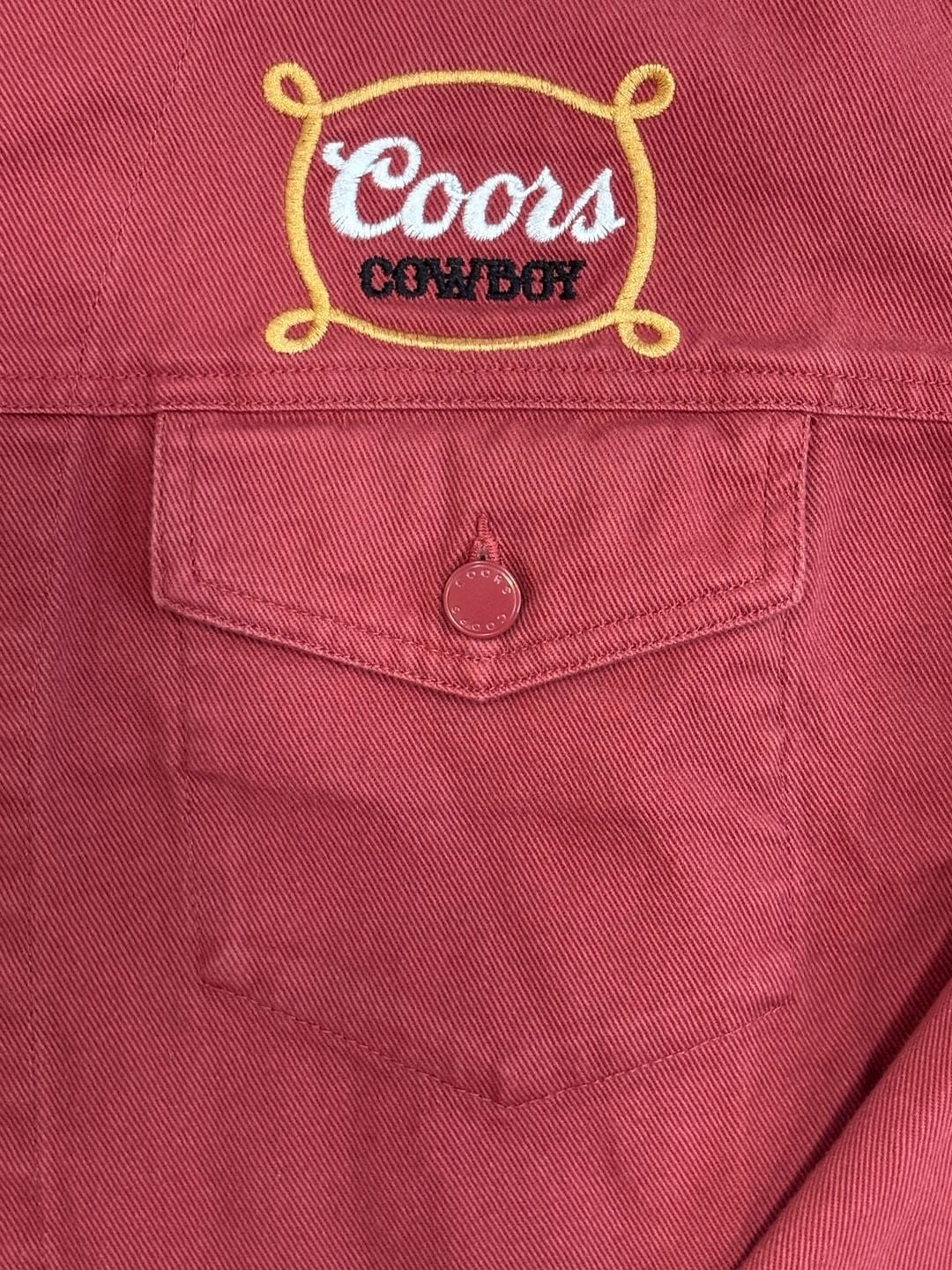 Coors Cowboy Denim Jacket Red Embroidered Horseshoe Size L 3
