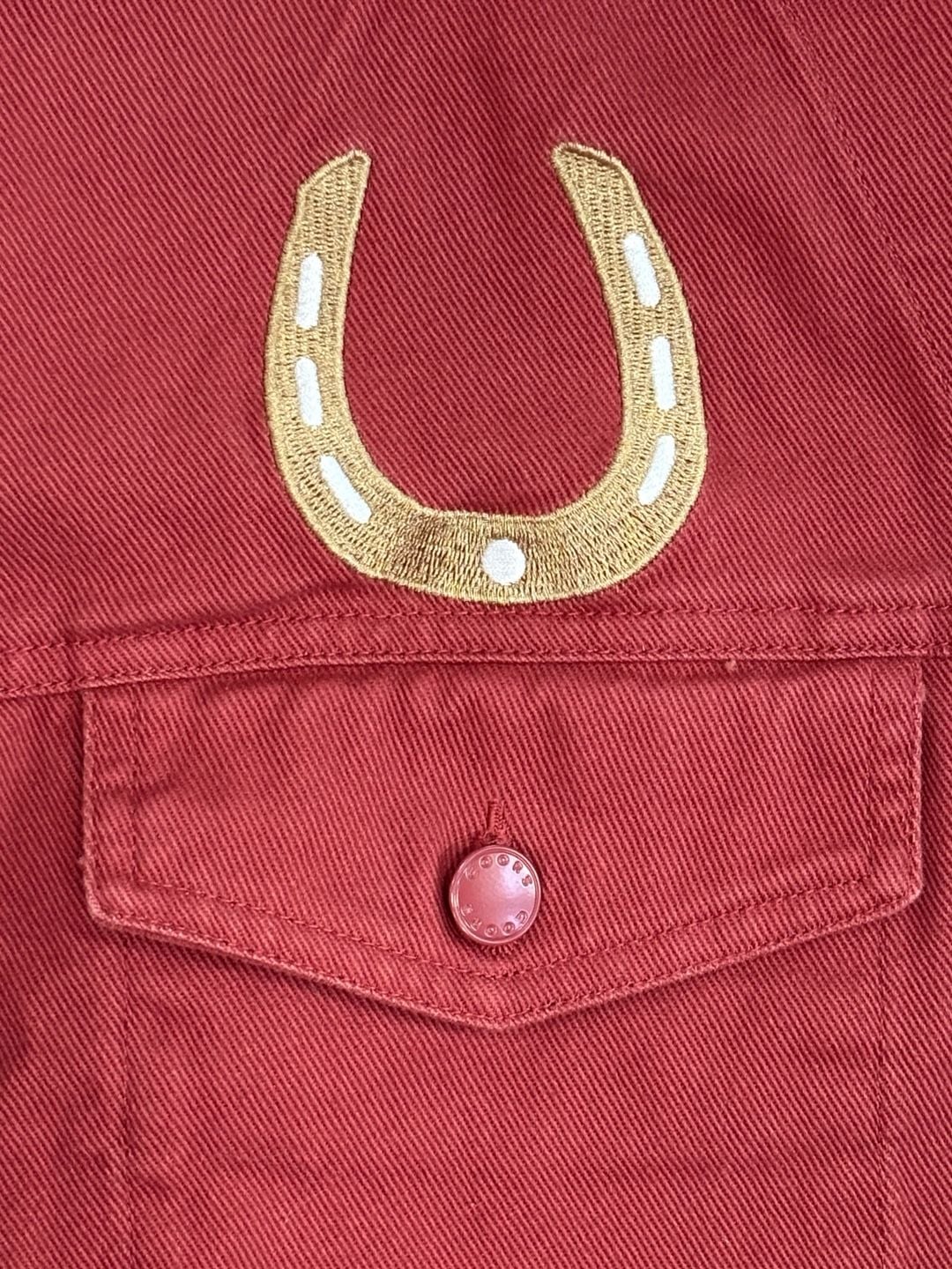 Coors Cowboy Denim Jacket Red Embroidered Horseshoe Size L 4