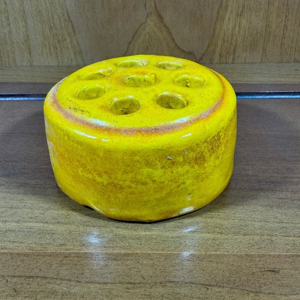 Vintage Ceramic Flower Frog Yellow Brown Glaze Made In Japan