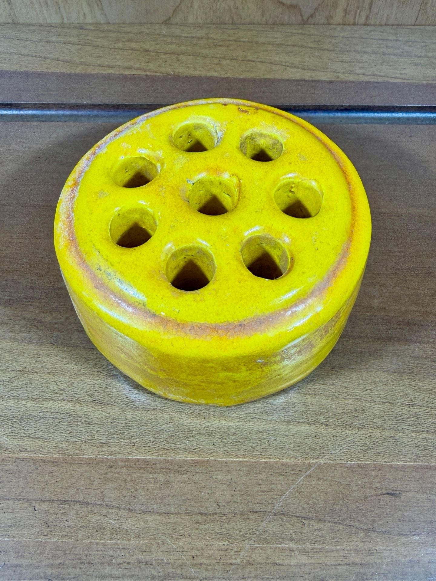 Vintage Ceramic Flower Frog Yellow Brown Glaze Made In Japan 2