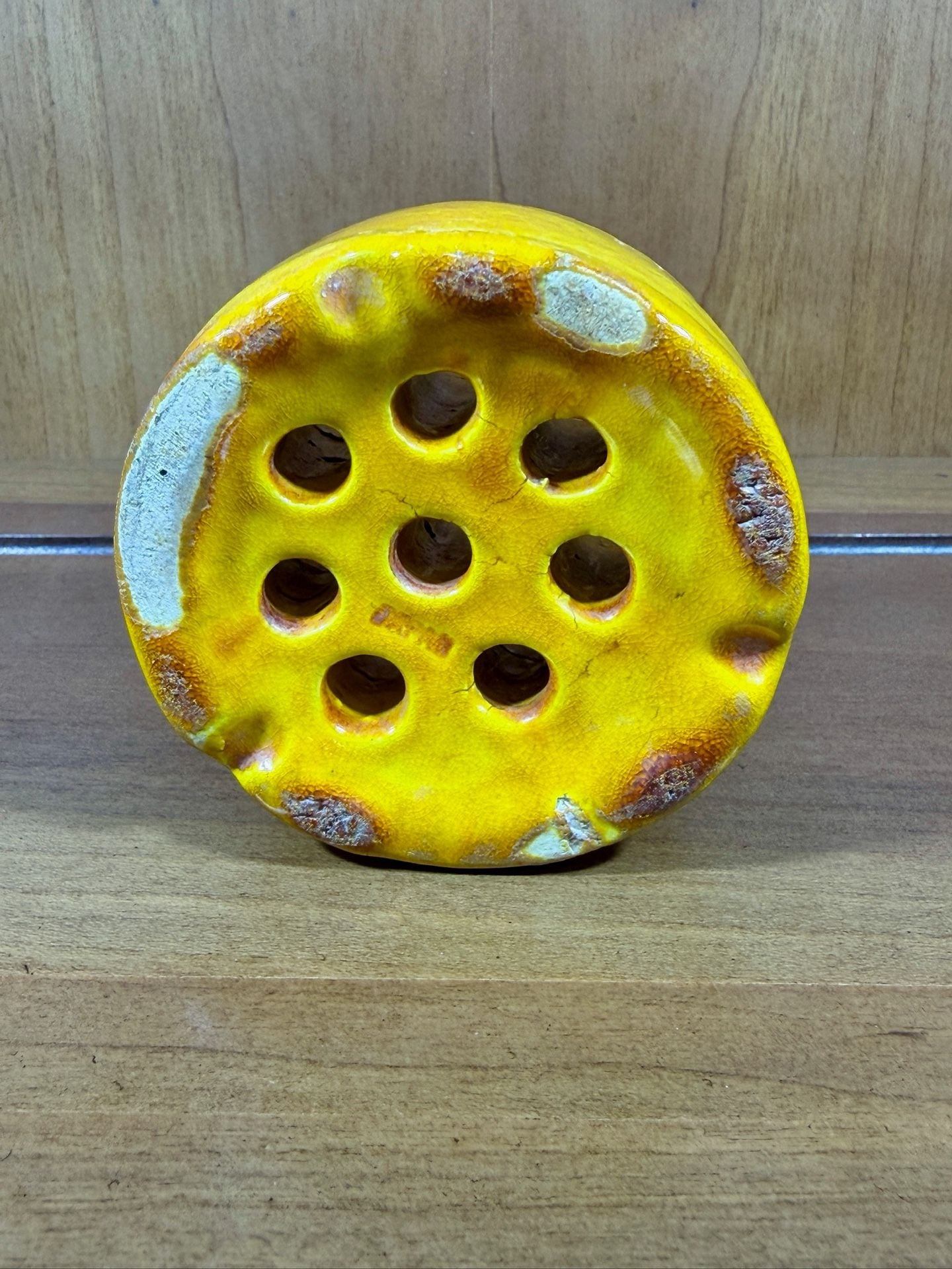 Vintage Ceramic Flower Frog Yellow Brown Glaze Made In Japan 3