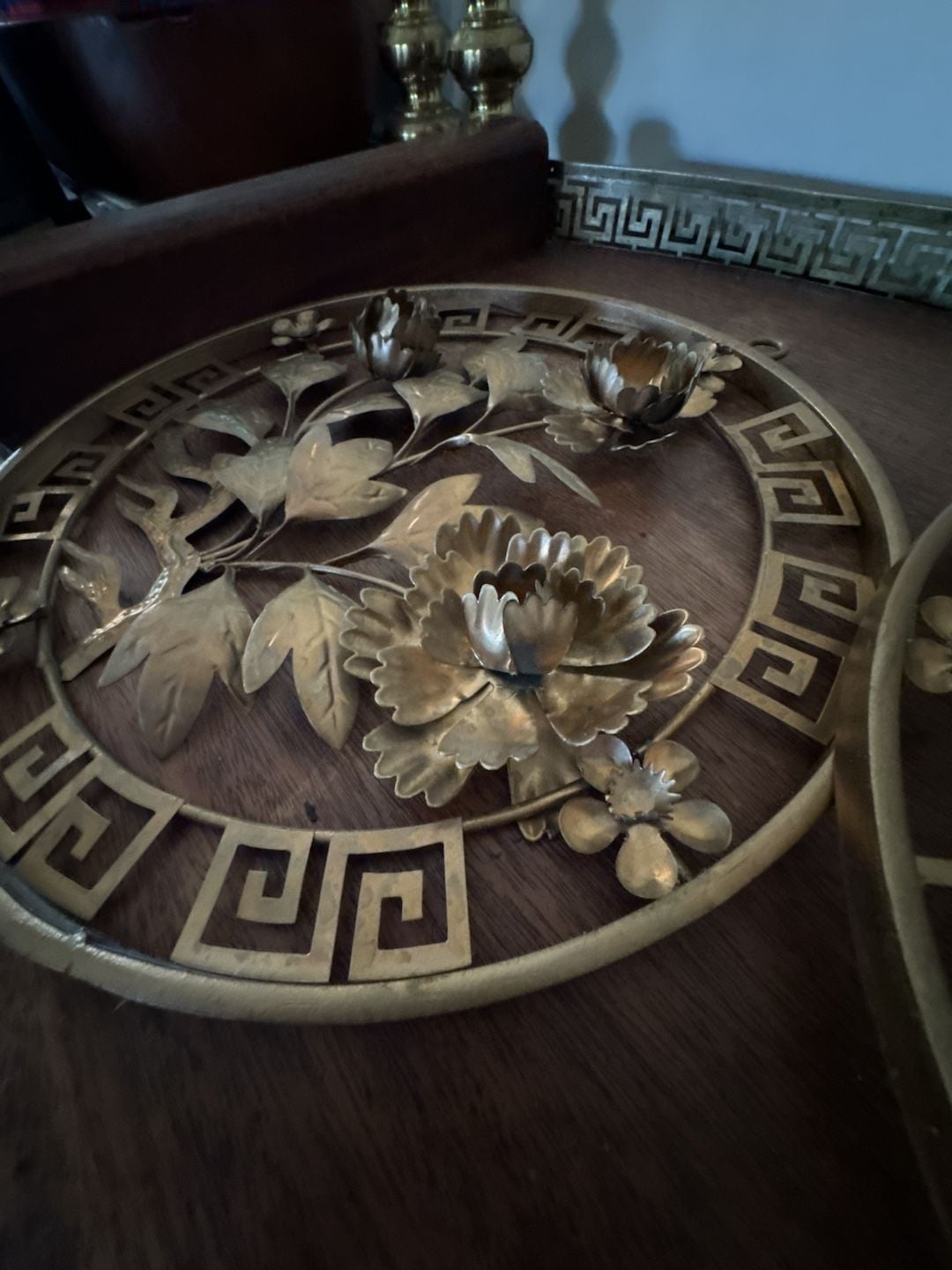 Two Vintage Mid Century Metal Floral Wall Sculptures Gold Tone Pair 5