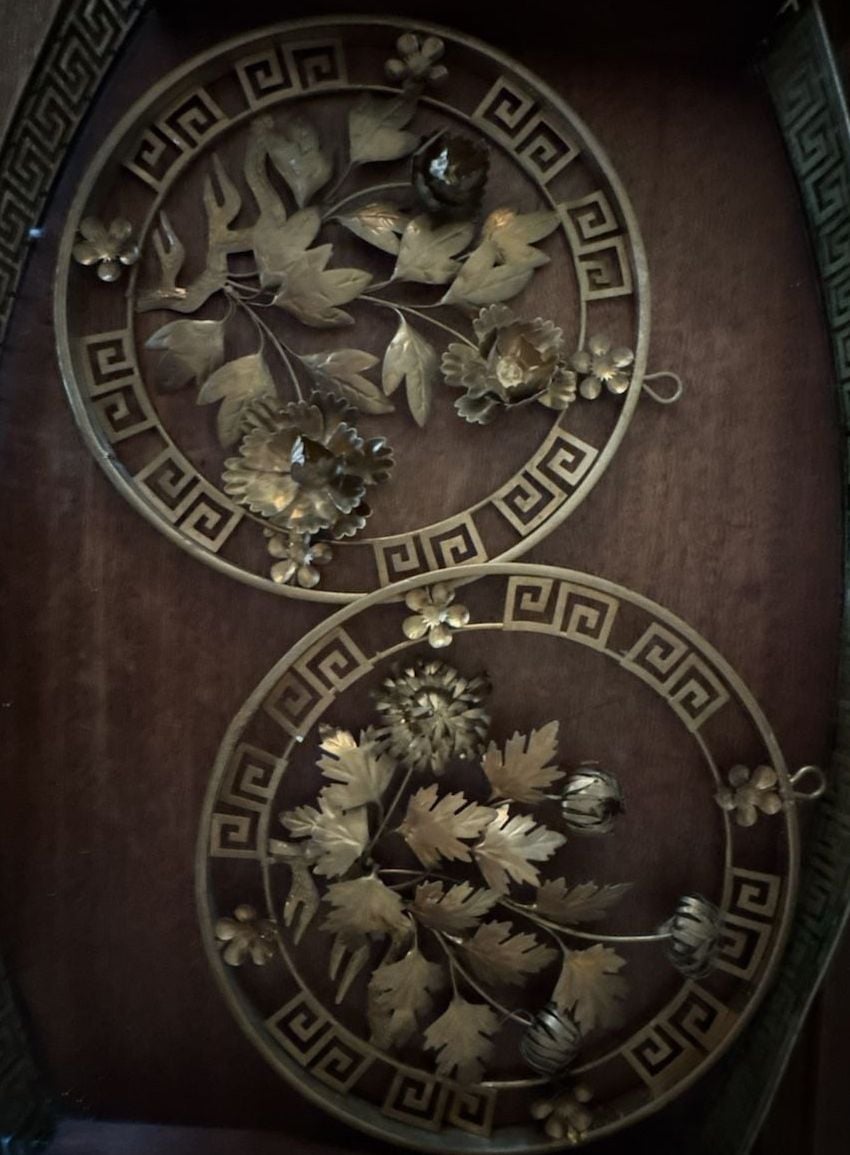 Two Vintage Mid Century Metal Floral Wall Sculptures Gold Tone Pair 1