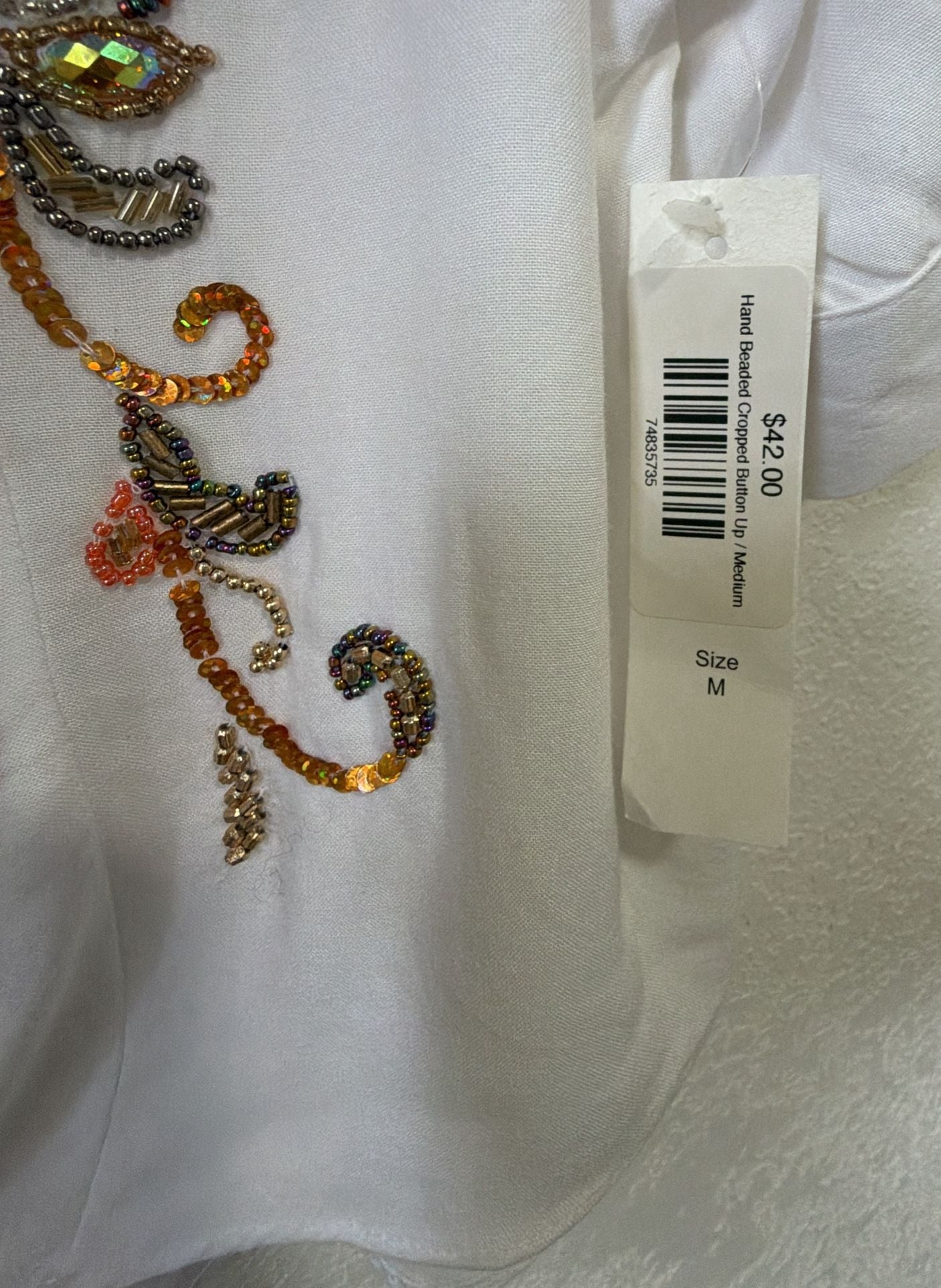 Sonrisa Hand Beaded Cropped Button Up Size M White Rayon Blouse NWT 3