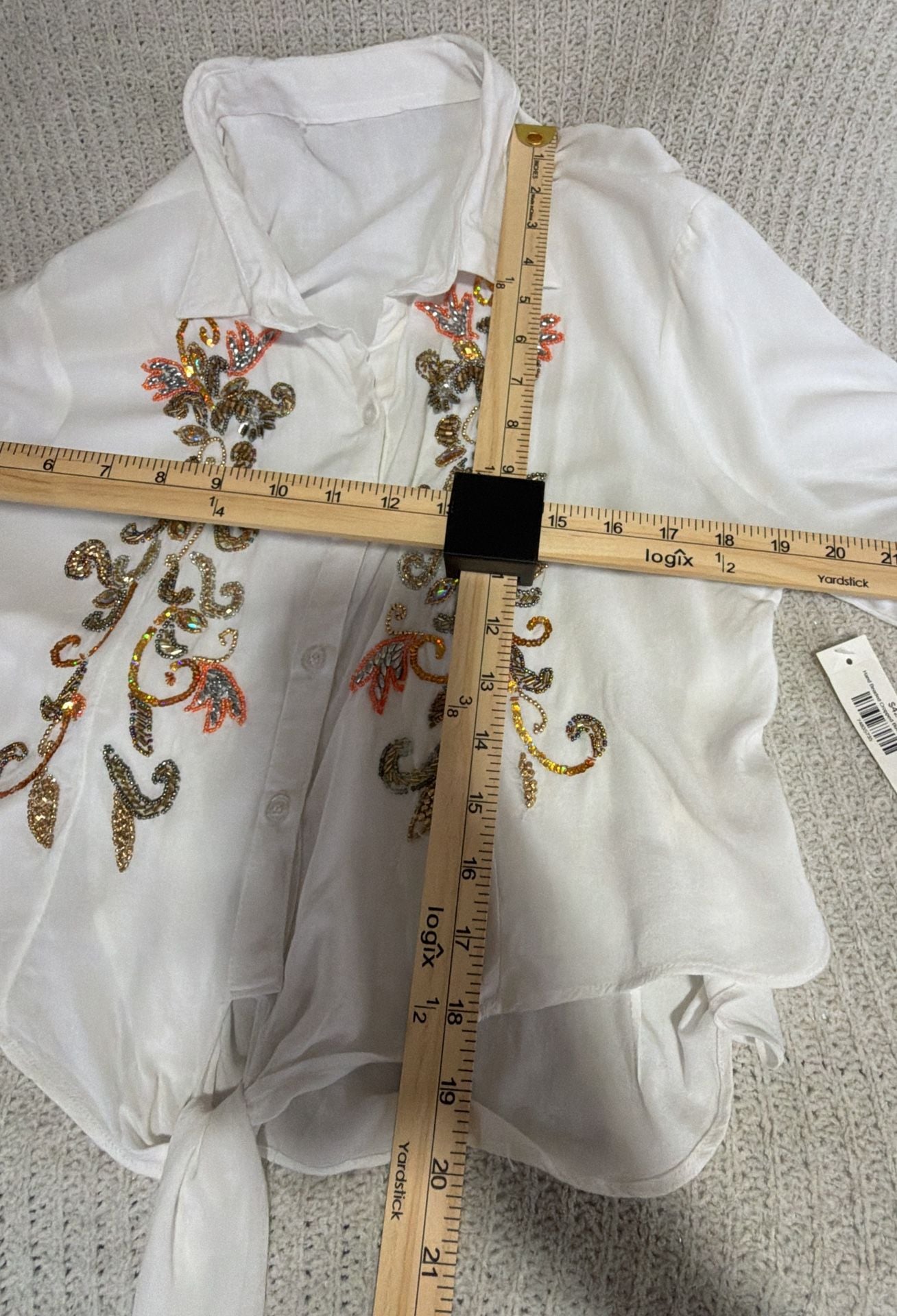 Sonrisa Hand Beaded Cropped Button Up Size M White Rayon Blouse NWT 6