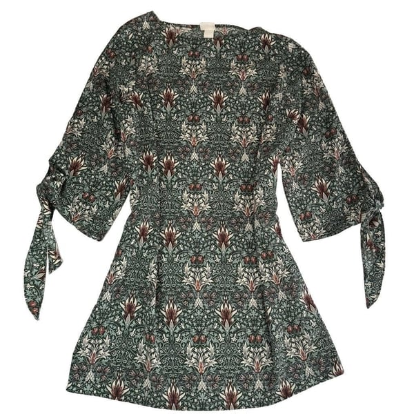 H&M x Morris Co Womens Green Brown Floral Print Dress Tie 3/4 Sleeve Shift Sz 2