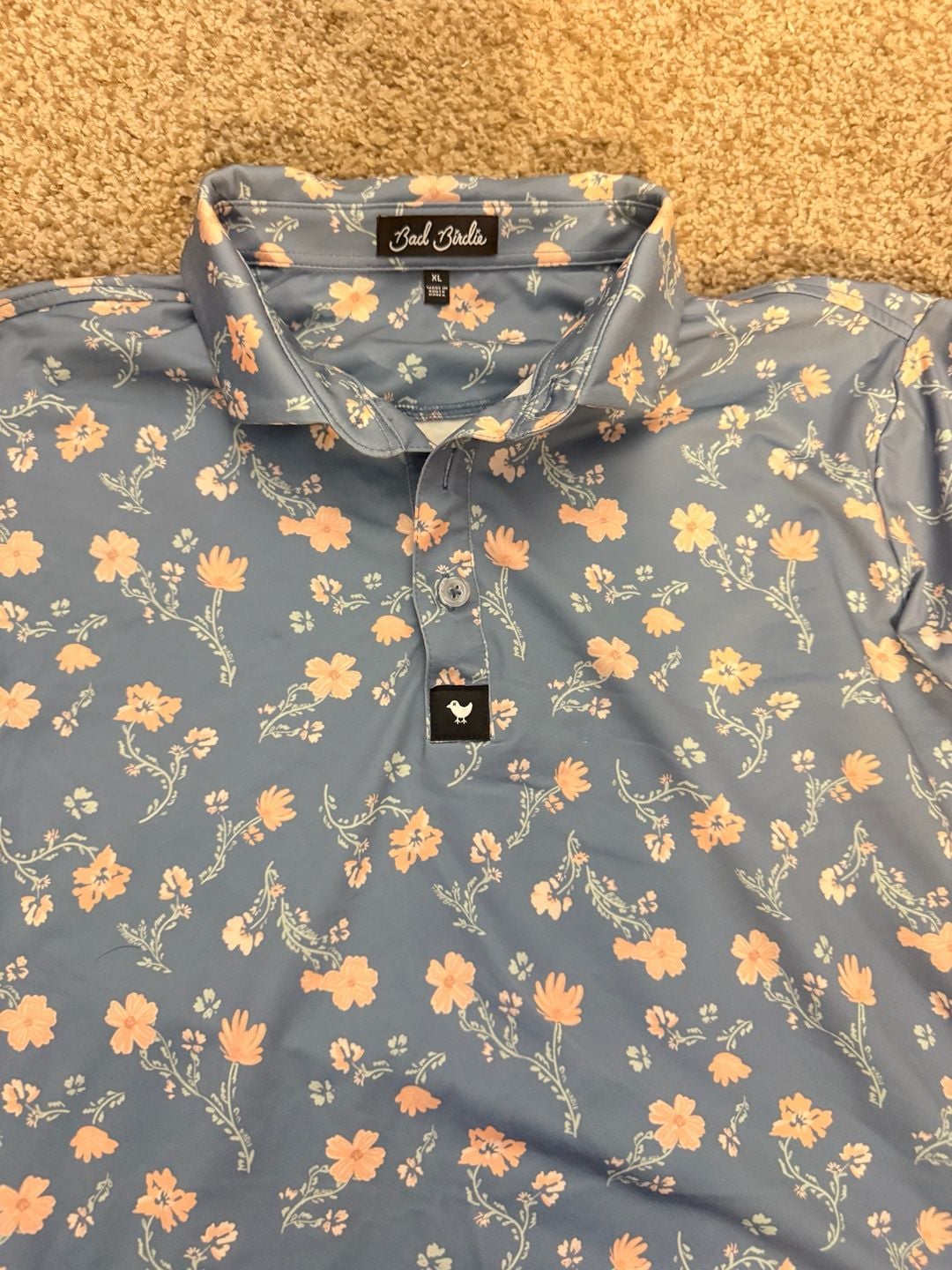 Bad Birdie Golf Polo Shirt Size XL Blue Pink Floral Performance 2