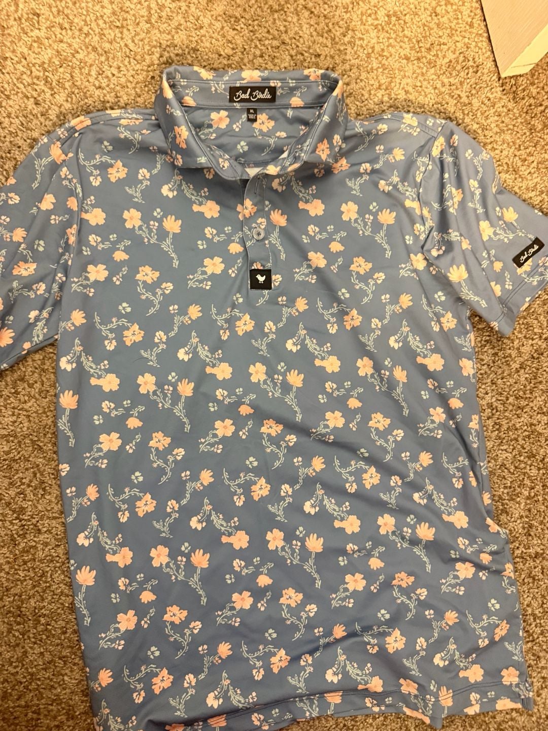 Bad Birdie Golf Polo Shirt Size XL Blue Pink Floral Performance 3