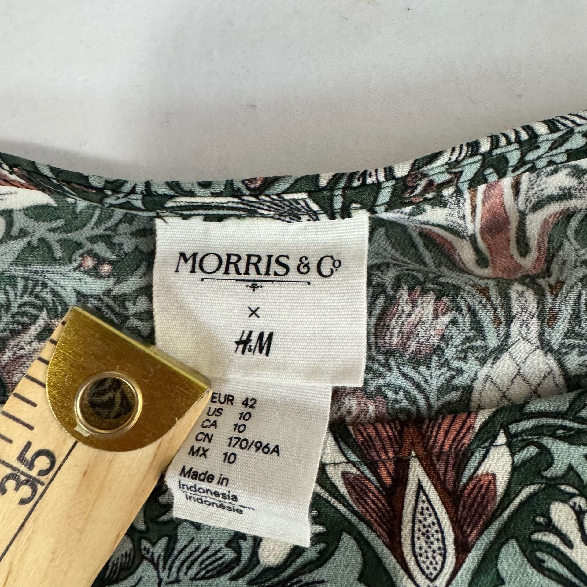 H&M x Morris Co Womens Green Brown Floral Print Dress Tie 3/4 Sleeve Shift Sz 2 7
