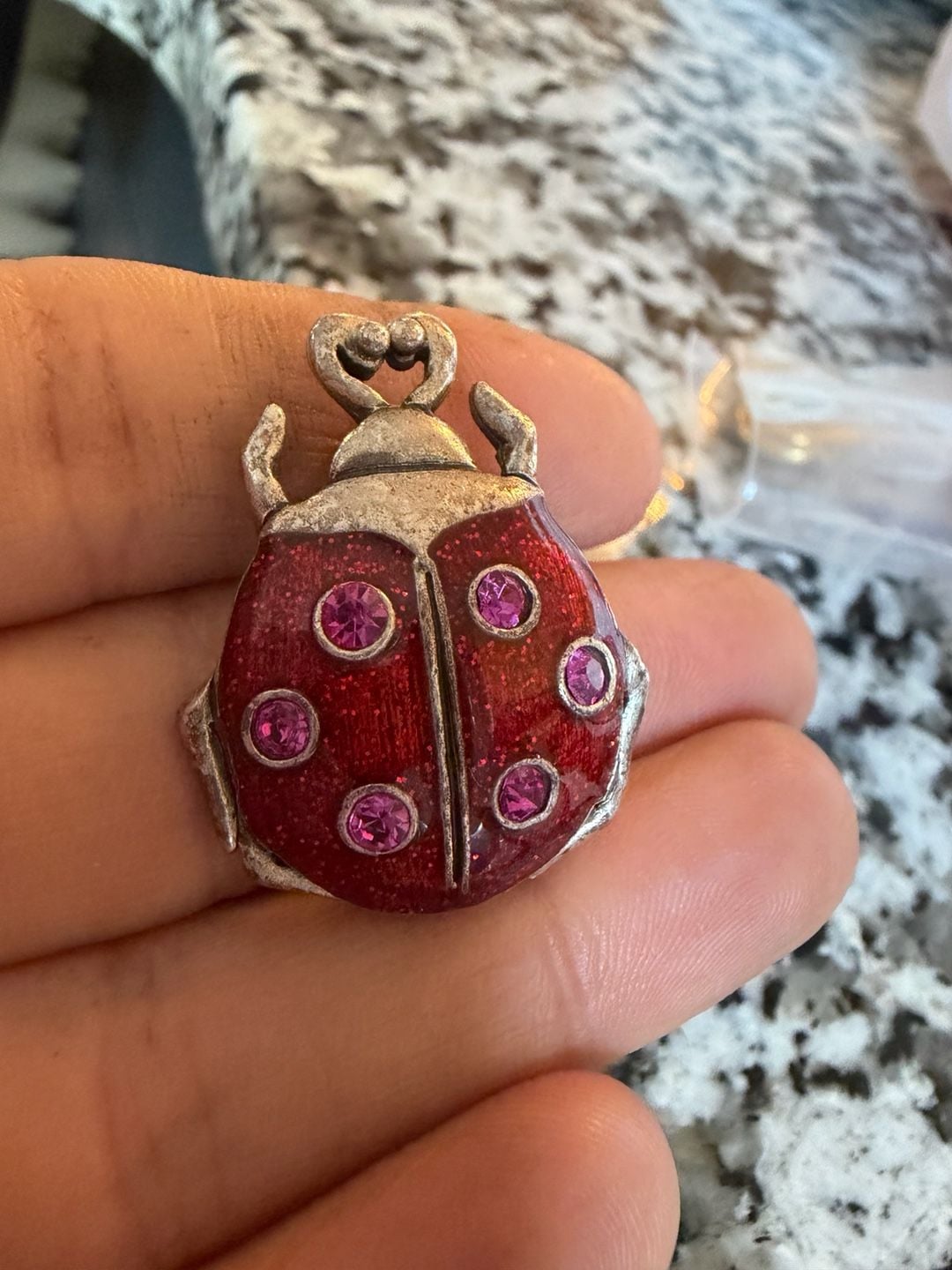 Vintage AJMC Ladybug Brooch Red Glitter Enamel Pink Rhinestone Figural Pin 2