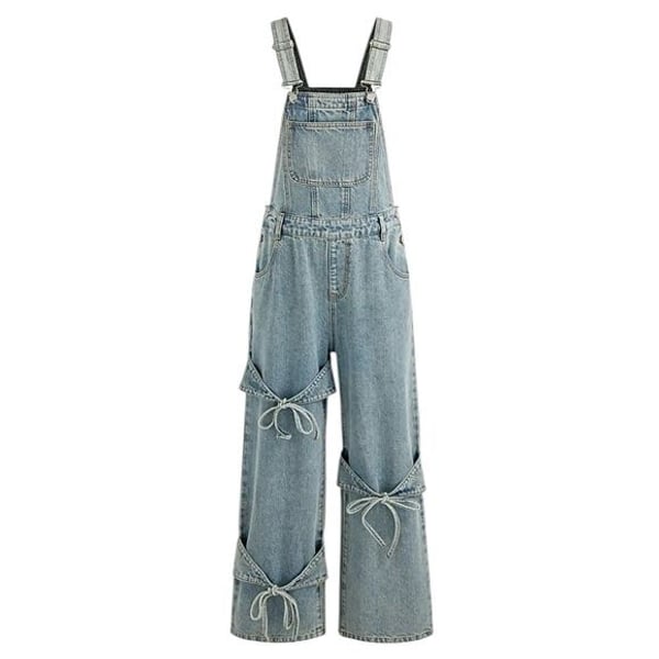 Cider Denim Bowknot Overalls Wide Leg Bow Tie Jean Jumpsuit Light Wash size XS