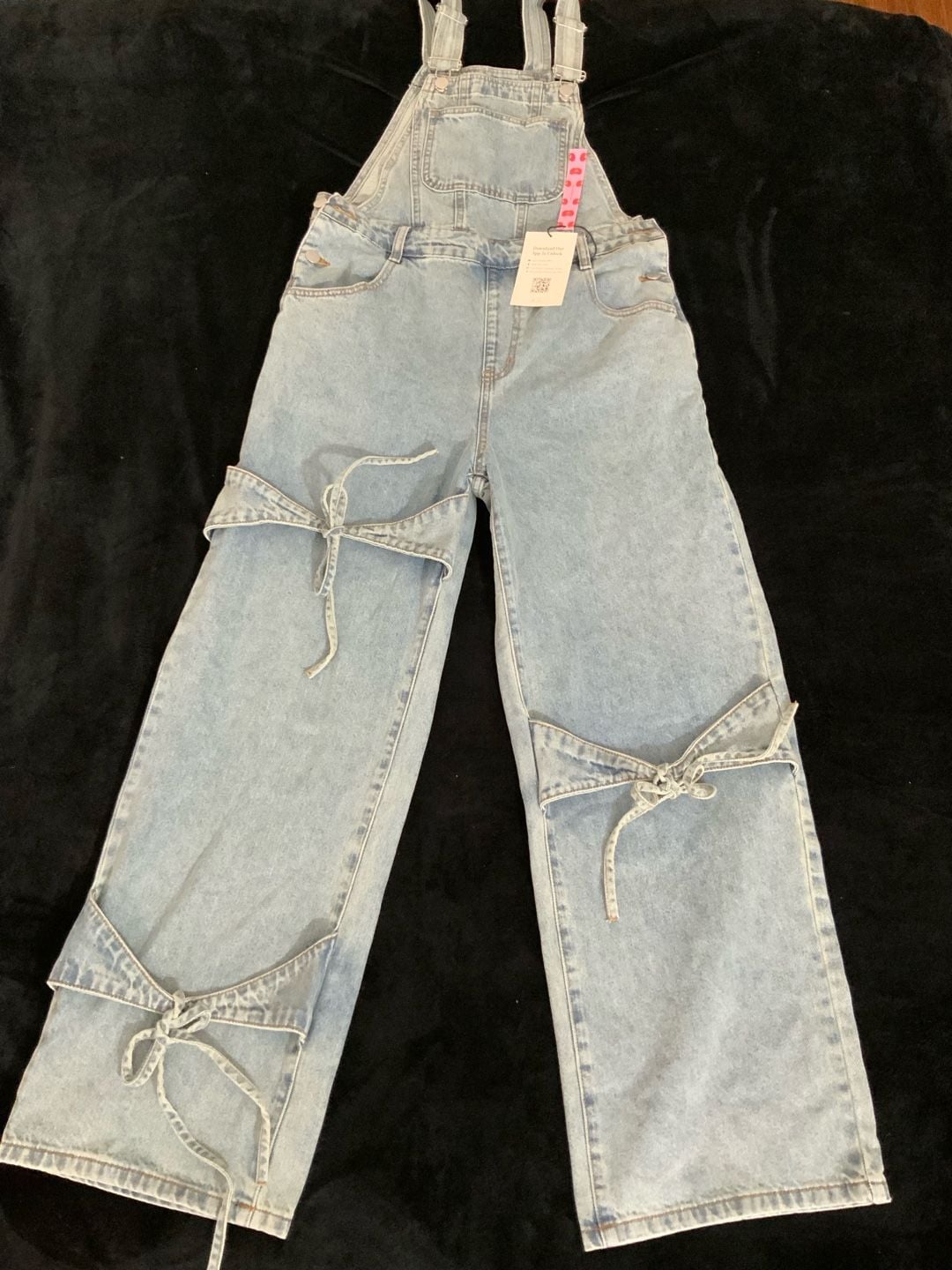 Cider Denim Bowknot Overalls Wide Leg Bow Tie Jean Jumpsuit Light Wash size XS 7