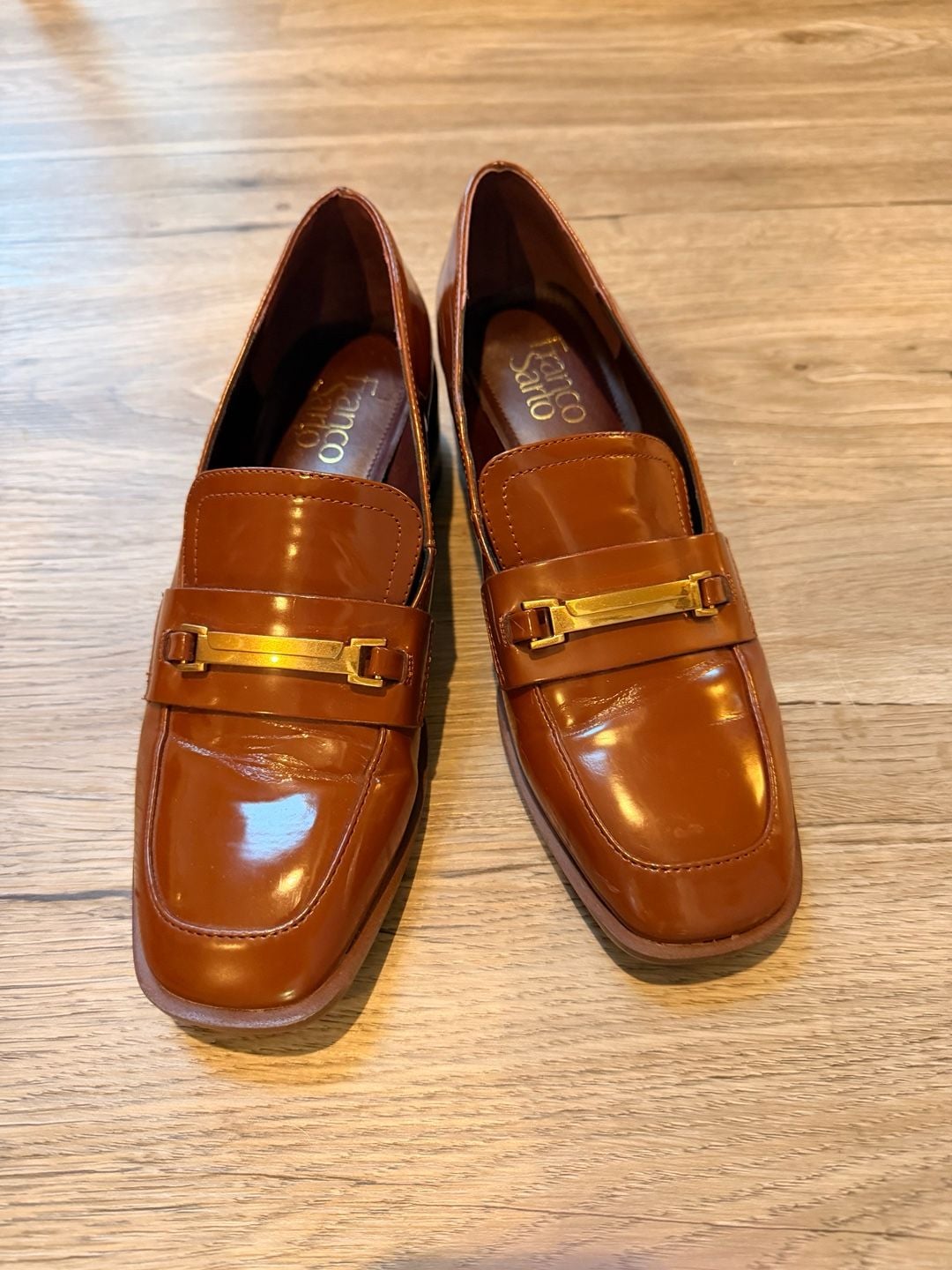 Franco Sarto Dalia Square Toe Heeled Loafers Brown Patent Leather 7