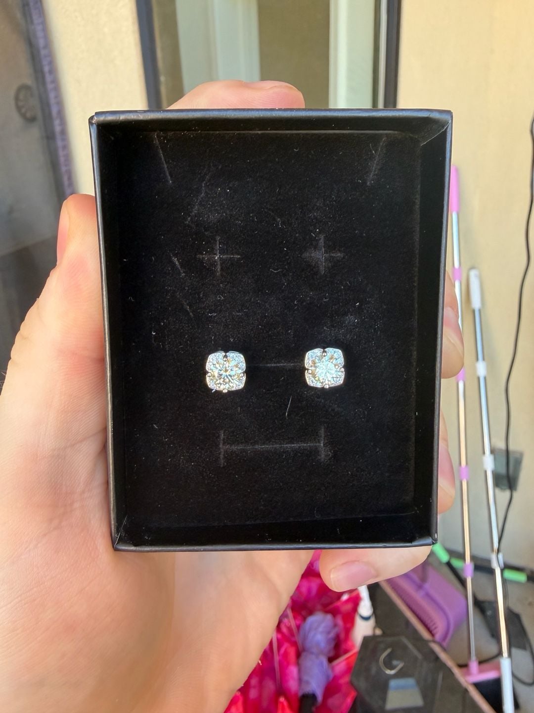 Moissanite Cushion Cut Halo Stud Earrings Sterling Silver 2