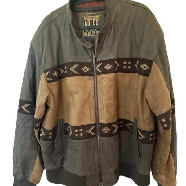 Vintage 1990s Authentic Adler Leather Southwestern Bomber Jacket