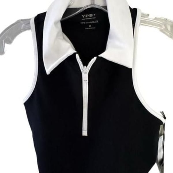 YPB SculptLUX Size M Zip Polo Tank Top Black White nwt