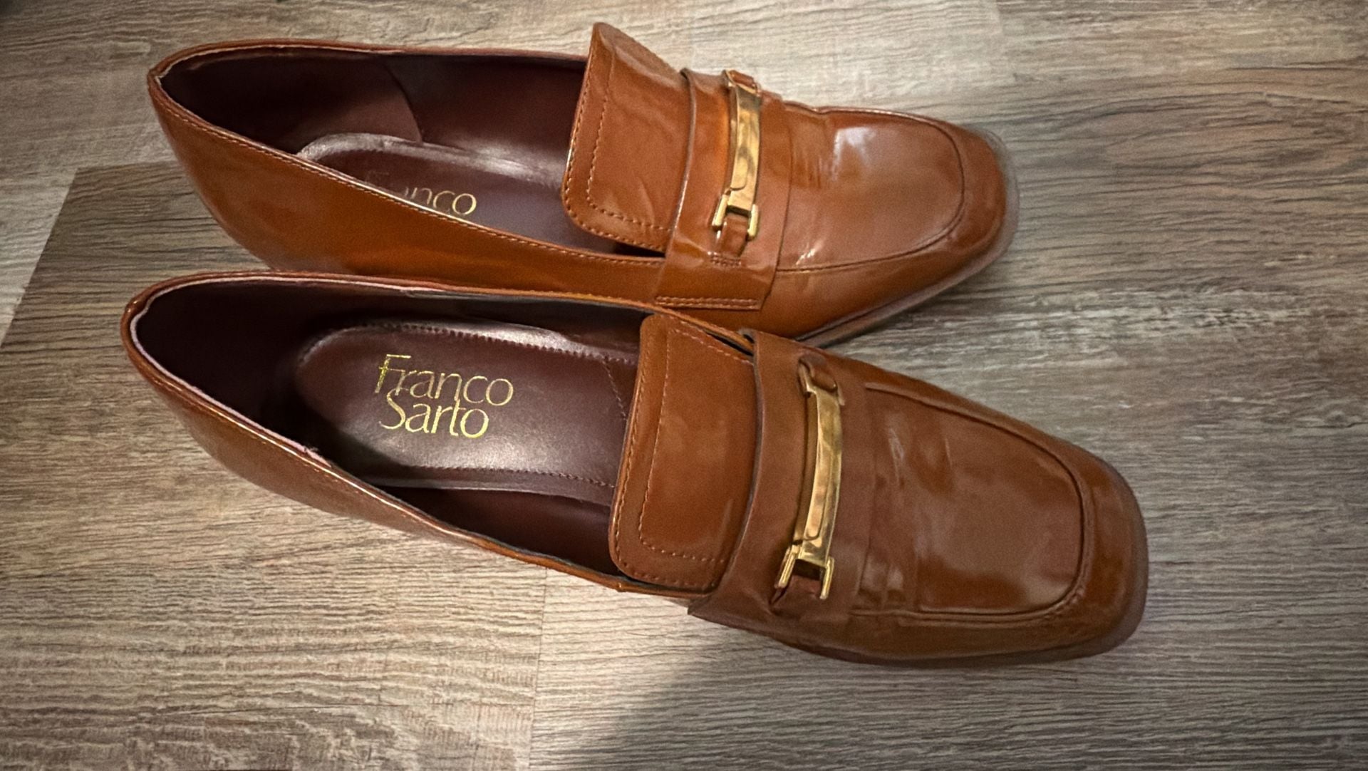 Franco Sarto Dalia Square Toe Heeled Loafers Brown Patent Leather 8