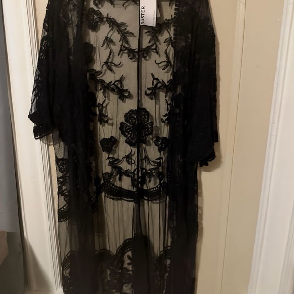 rue21 Black Lace Duster Size 2X Floral Sheer Mesh Cardigan Kimono