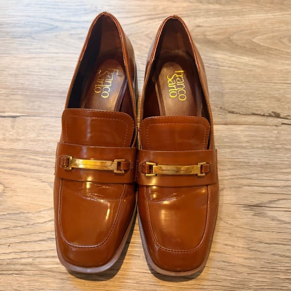 Franco Sarto Dalia Square Toe Heeled Loafers Brown Patent Leather