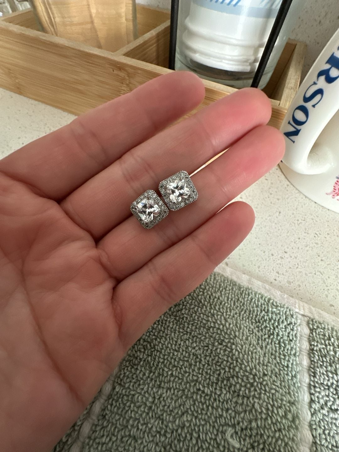 Cubic Zirconia Square Halo Stud Earrings Silver Tone 2
