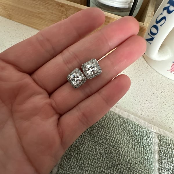 Cubic Zirconia Square Halo Stud Earrings Silver Tone