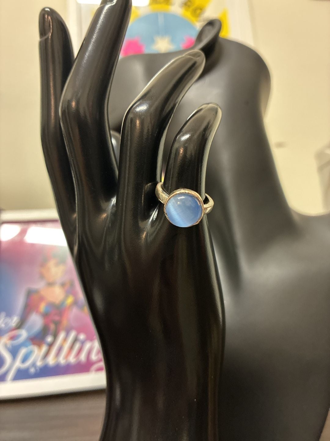 Vintage 1980s Blue Cat's Eye Cabochon Sterling Silver Ring 1
