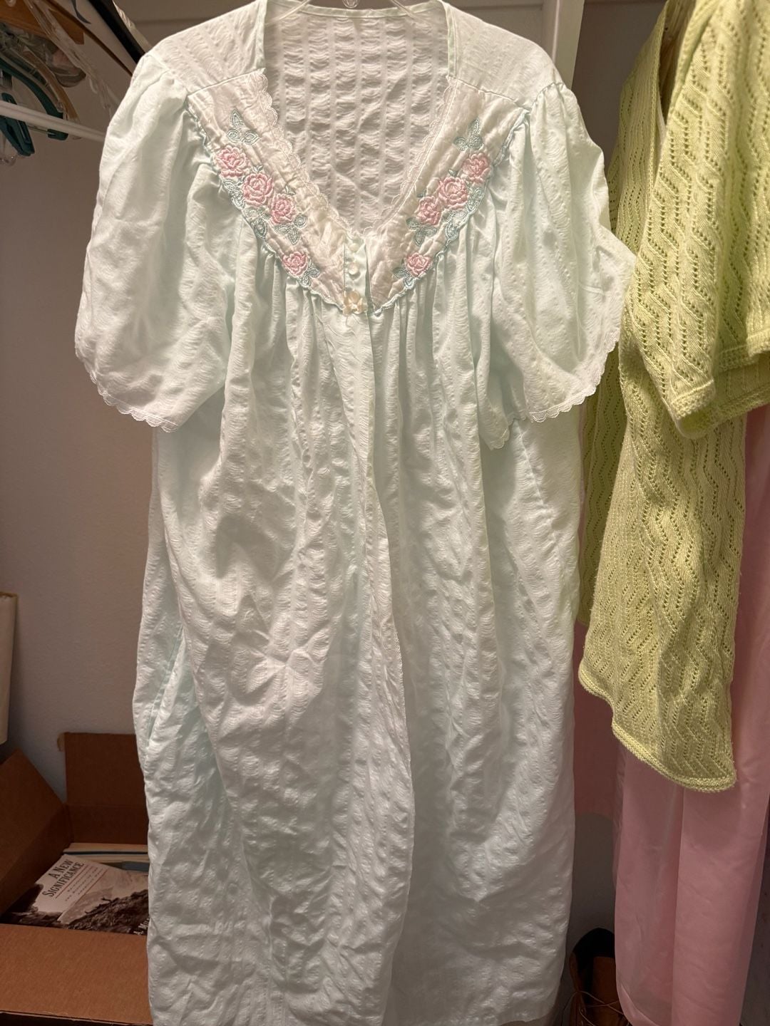 Vintage Seersucker Floral Embroidered Nightgown Light Blue 2