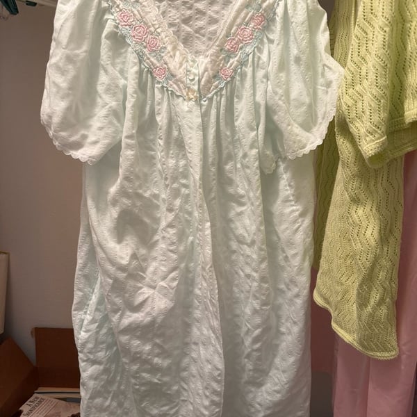 Vintage Seersucker Floral Embroidered Nightgown Light Blue